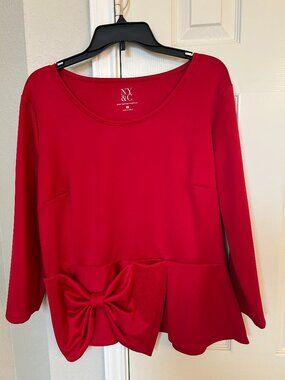New York and Company Peplum Top with Bow Accent and Side Zipper - Red - XL